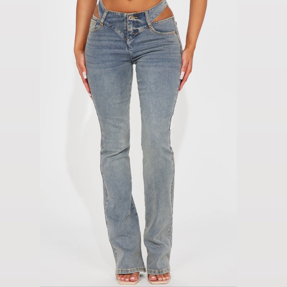 FASHION NOVA Cause A Scene Cut Out Stretch Bootcut Jean - Vintage Blue Wash